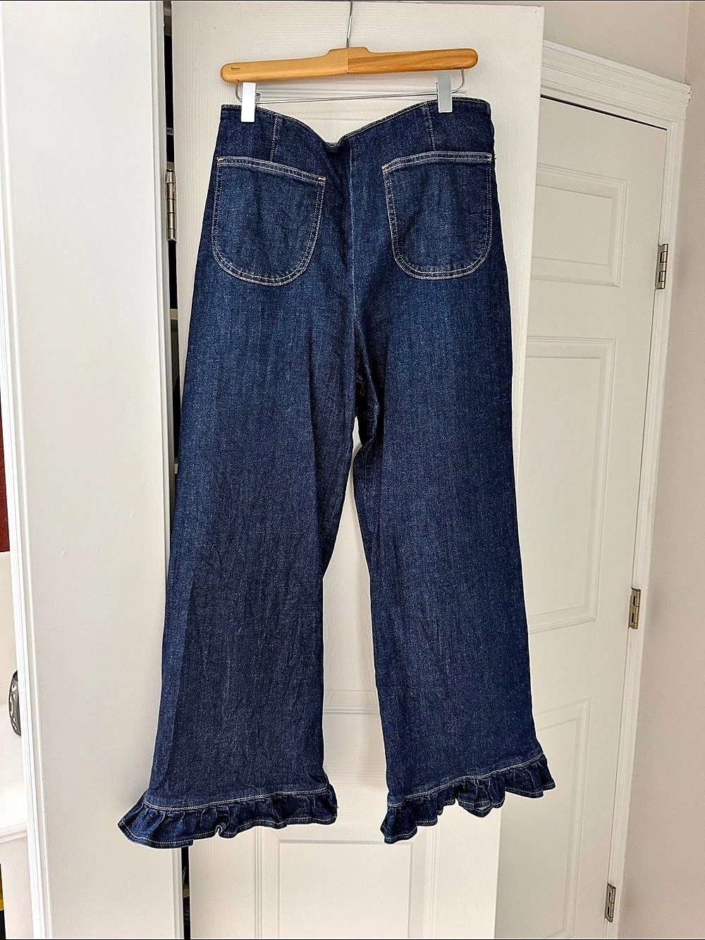 Maeve - The Colette - Wide Leg Ruffle Hem Jeans in Blue Like New